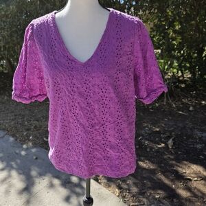 Draper James Lilac Eyelet Blouse SzL 100%  Cotton